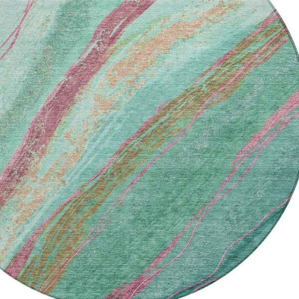 8' Green Blush And Peach Round Abstract Washable Indoor Outdoor Area Rug