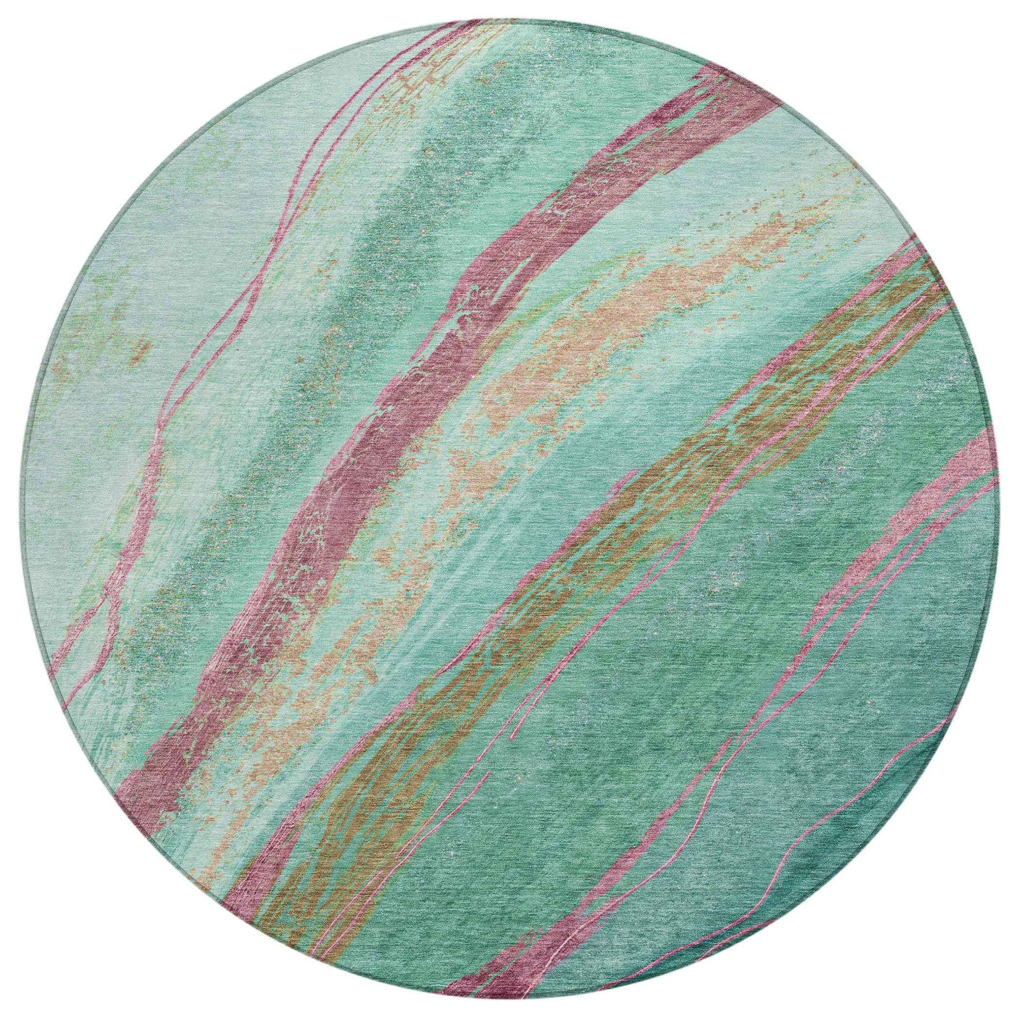 8' Green Blush And Peach Round Abstract Washable Indoor Outdoor Area Rug