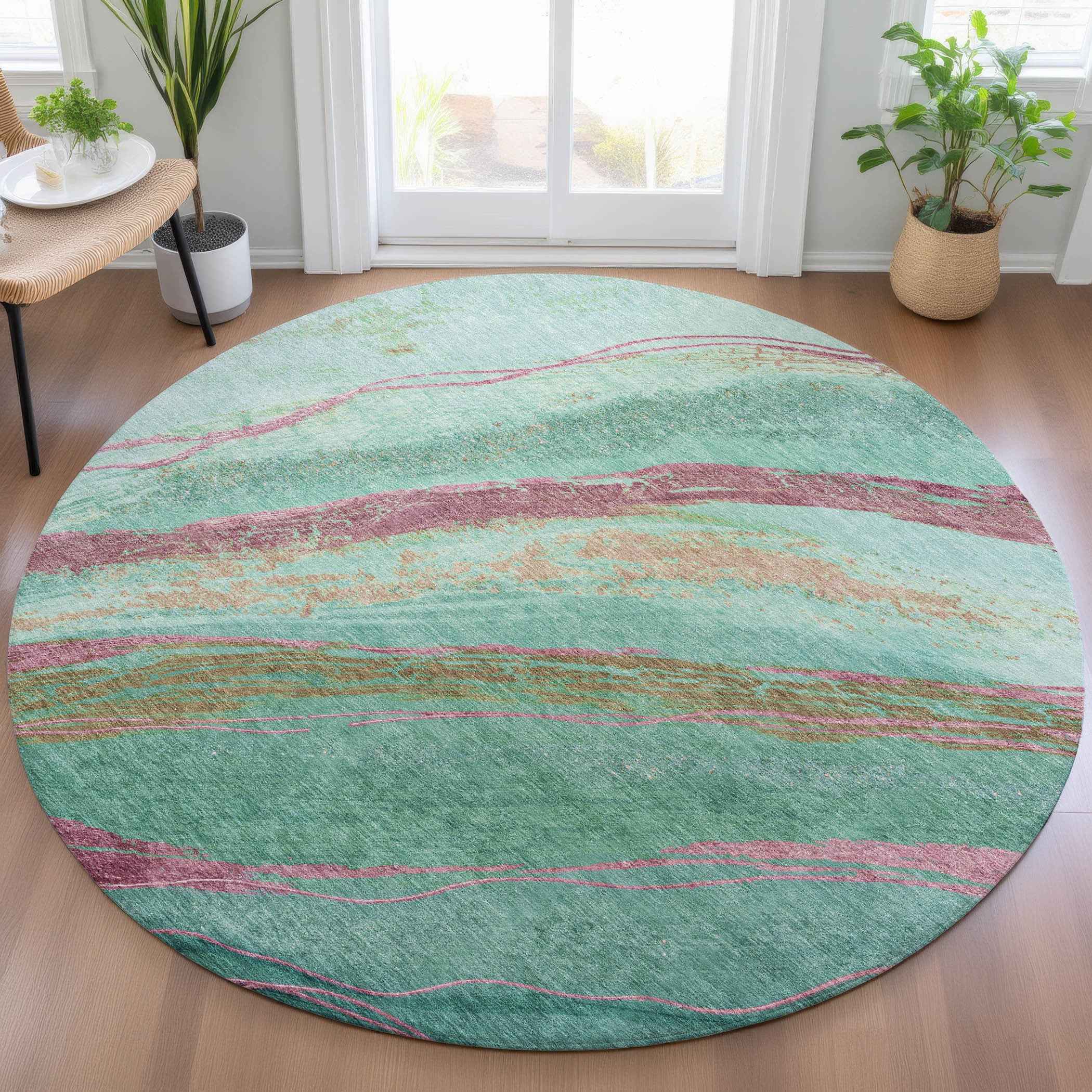 8' Green Blush And Peach Round Abstract Washable Indoor Outdoor Area Rug