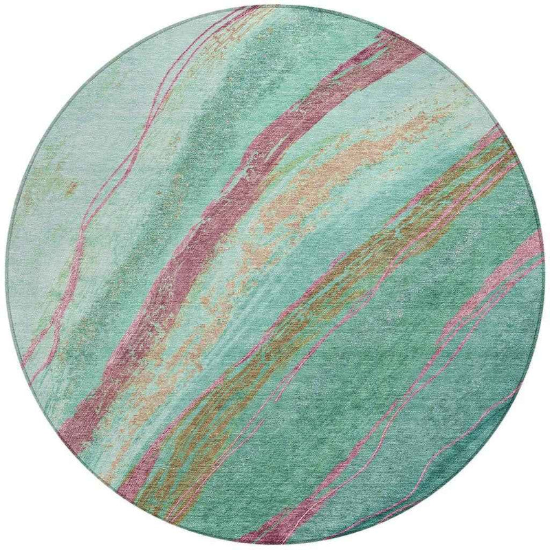 8' Green Blush And Peach Round Abstract Washable Indoor Outdoor Area Rug