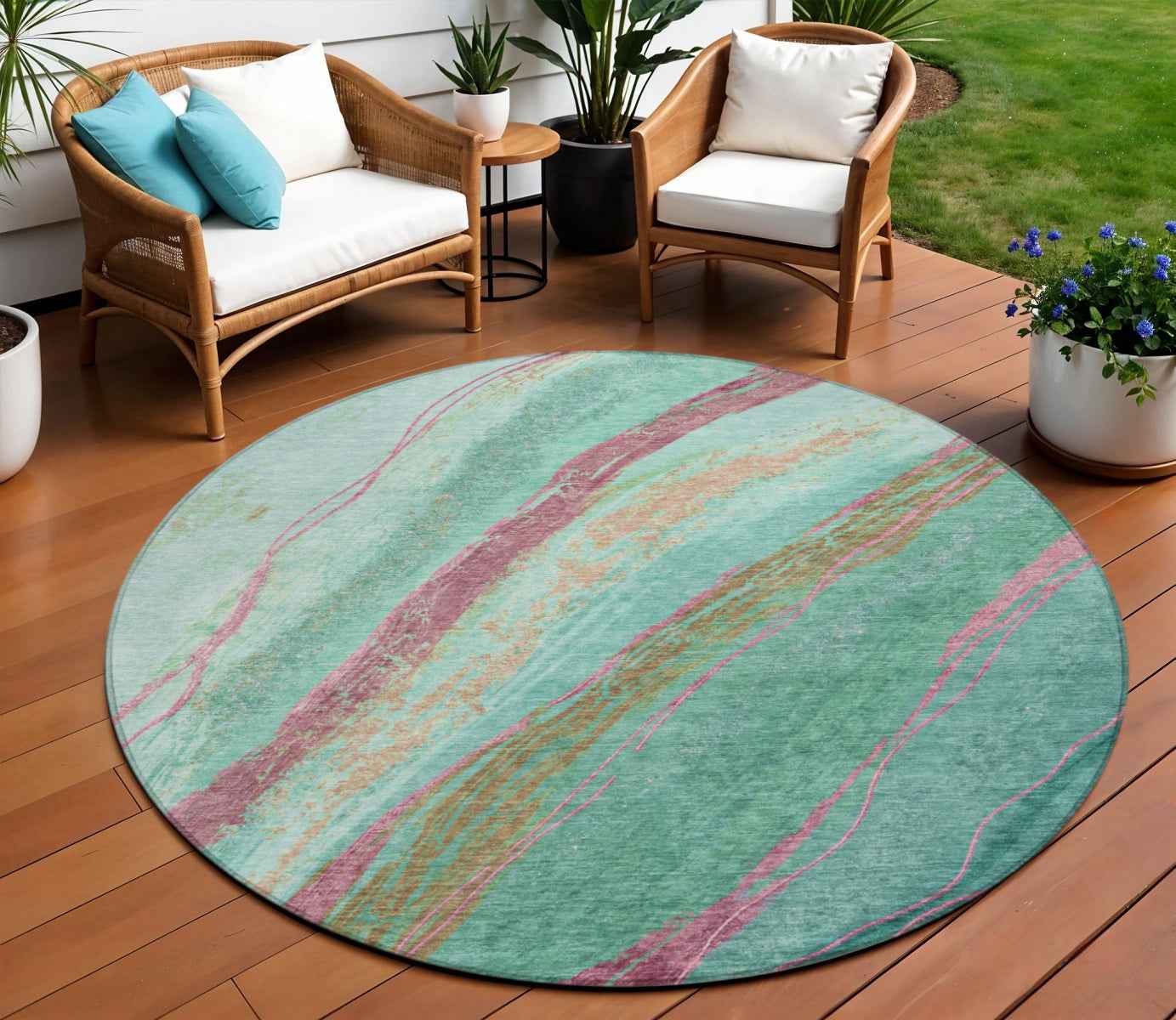 8' Green Blush And Peach Round Abstract Washable Indoor Outdoor Area Rug