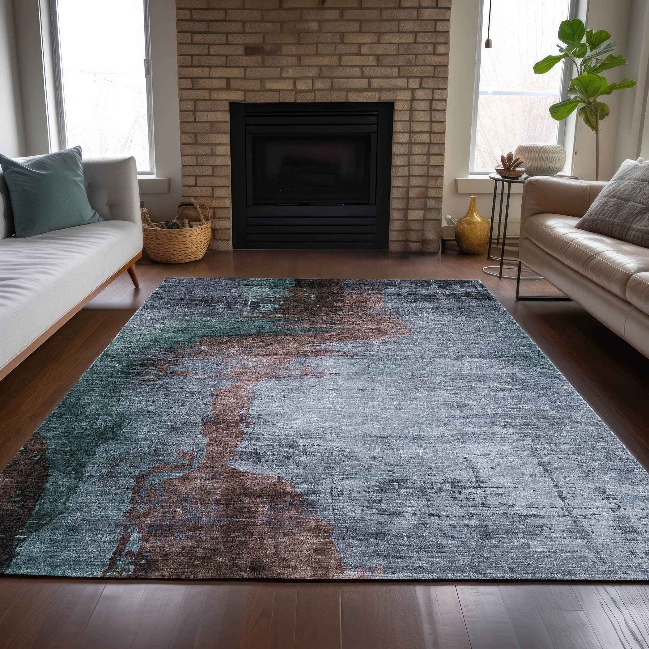 5' X 8' Blue Brown And Mauve Abstract Washable Indoor Outdoor Area Rug