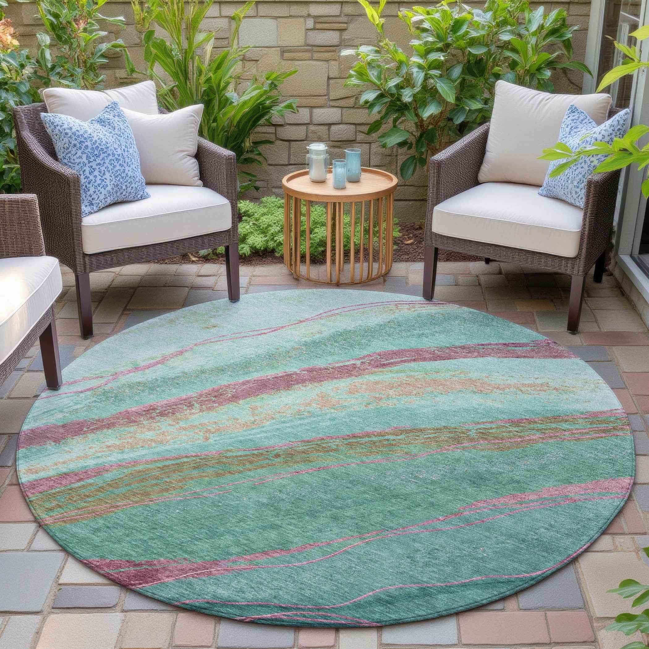 8' Green Blush And Peach Round Abstract Washable Indoor Outdoor Area Rug