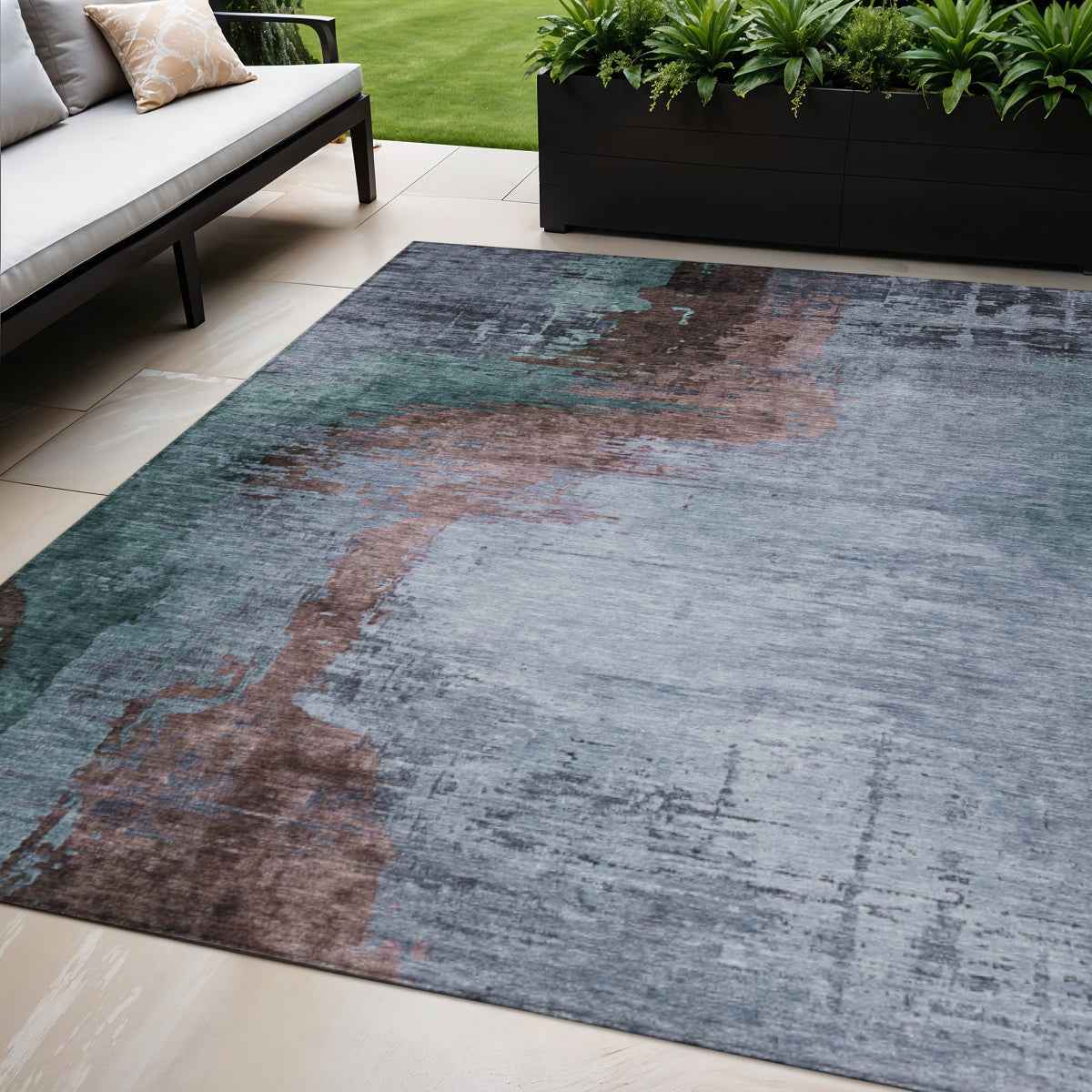5' X 8' Blue Brown And Mauve Abstract Washable Indoor Outdoor Area Rug