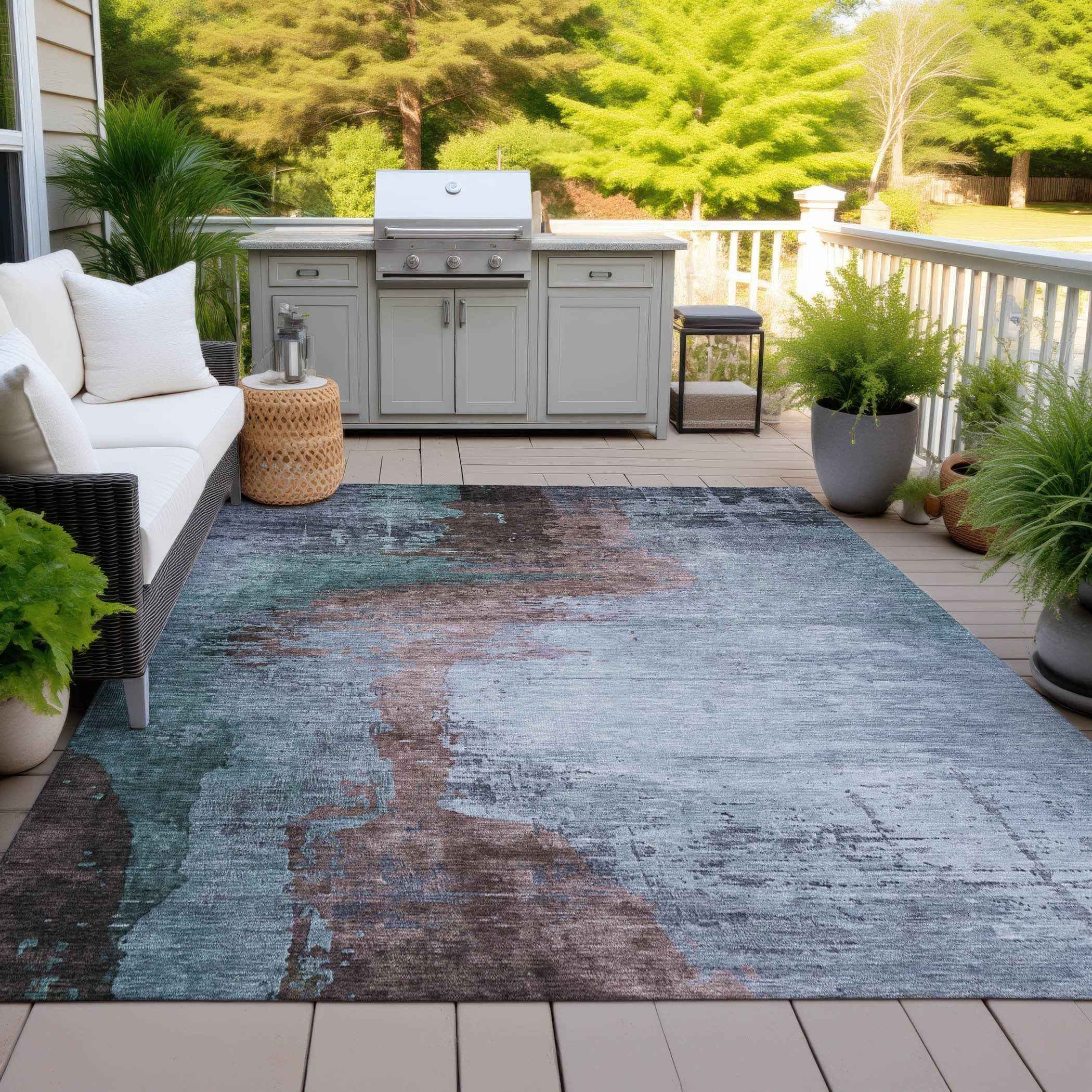 5' X 8' Blue Brown And Mauve Abstract Washable Indoor Outdoor Area Rug