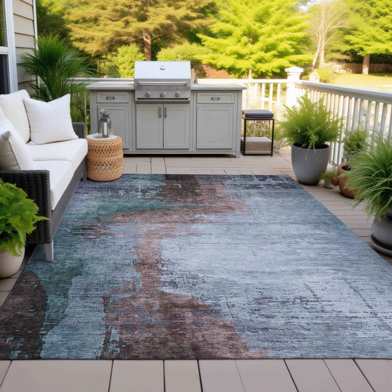 5' X 8' Blue Brown And Mauve Abstract Washable Indoor Outdoor Area Rug