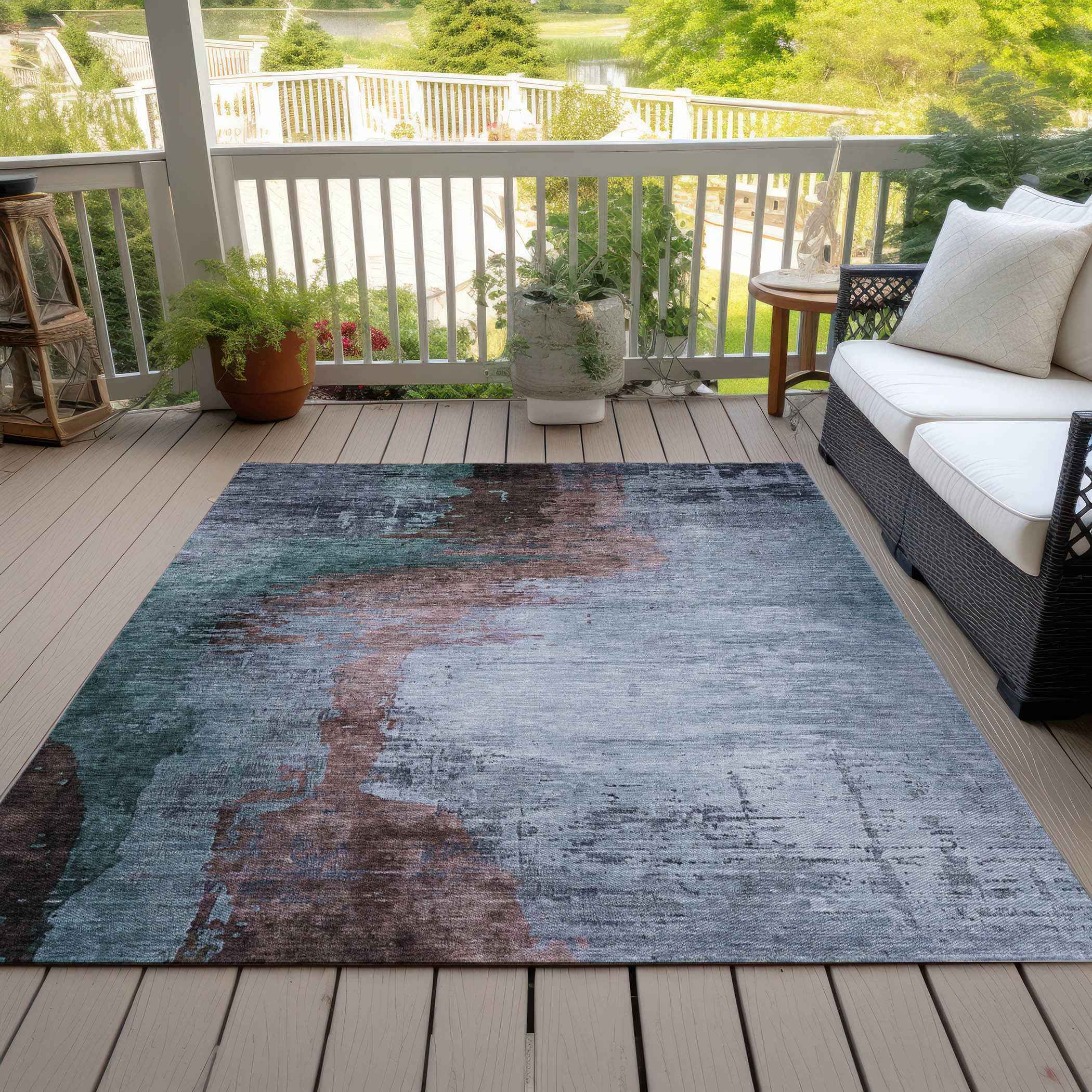 5' X 8' Blue Brown And Mauve Abstract Washable Indoor Outdoor Area Rug