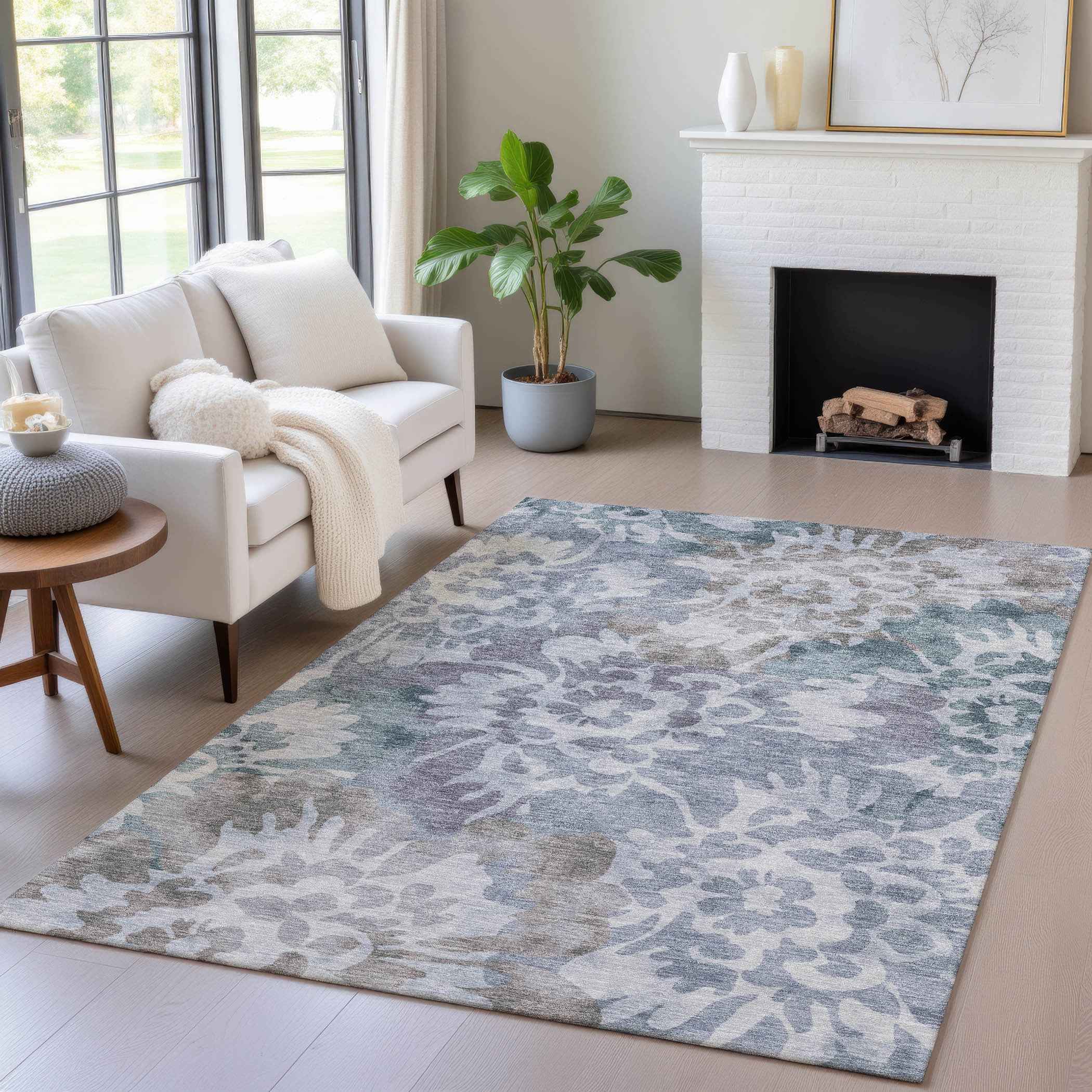 10' X 14' Blue And Silver Floral Washable Indoor Outdoor Area Rug