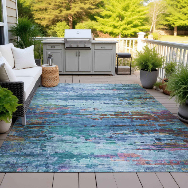 9' X 12' Blue Brown And Purple Abstract Washable Indoor Outdoor Area Rug