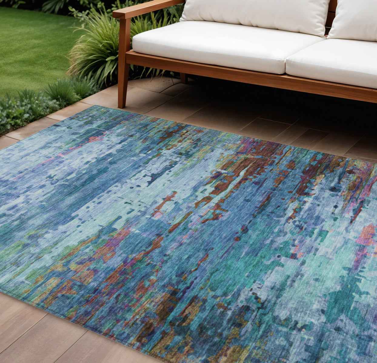 9' X 12' Blue Brown And Purple Abstract Washable Indoor Outdoor Area Rug