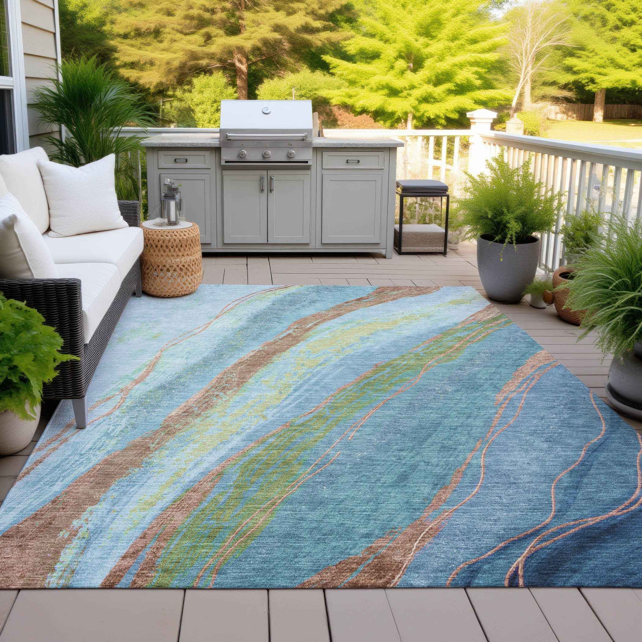 9' X 12' Blue Copper And Green Abstract Washable Indoor Outdoor Area Rug