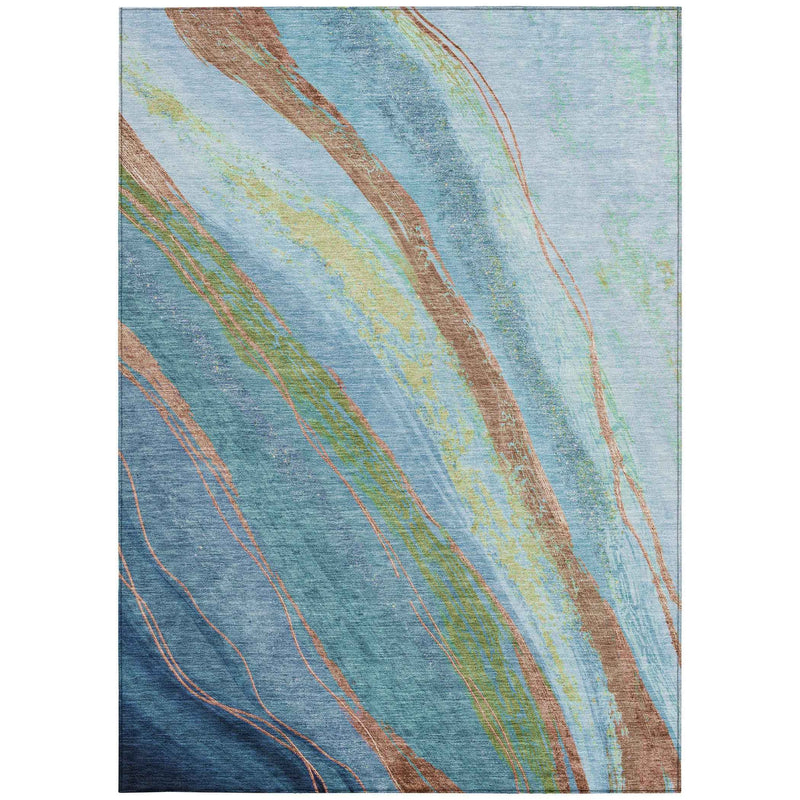 9' X 12' Blue Copper And Green Abstract Washable Indoor Outdoor Area Rug