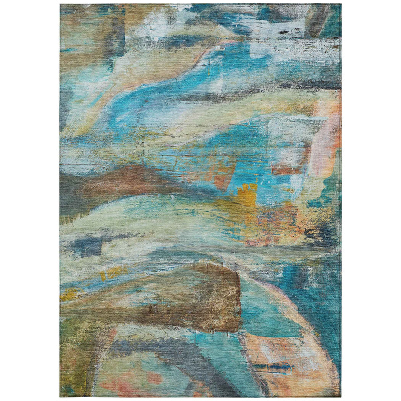 9' X 12' Teal Blue Copper And Beige Abstract Washable Indoor Outdoor Area Rug