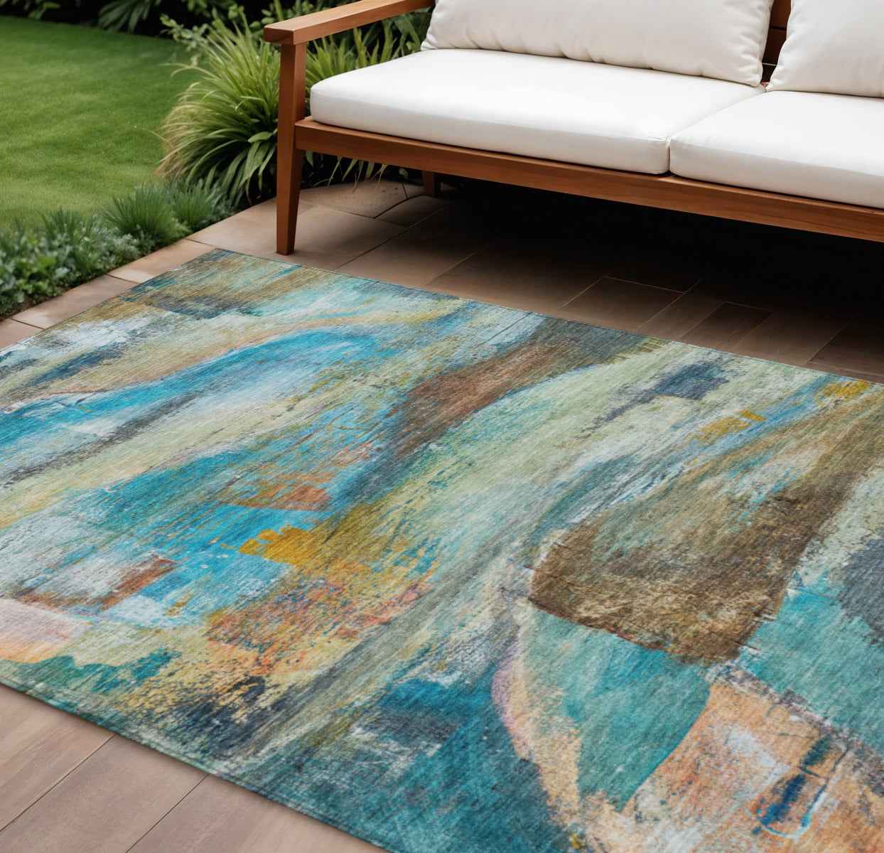 9' X 12' Teal Blue Copper And Beige Abstract Washable Indoor Outdoor Area Rug