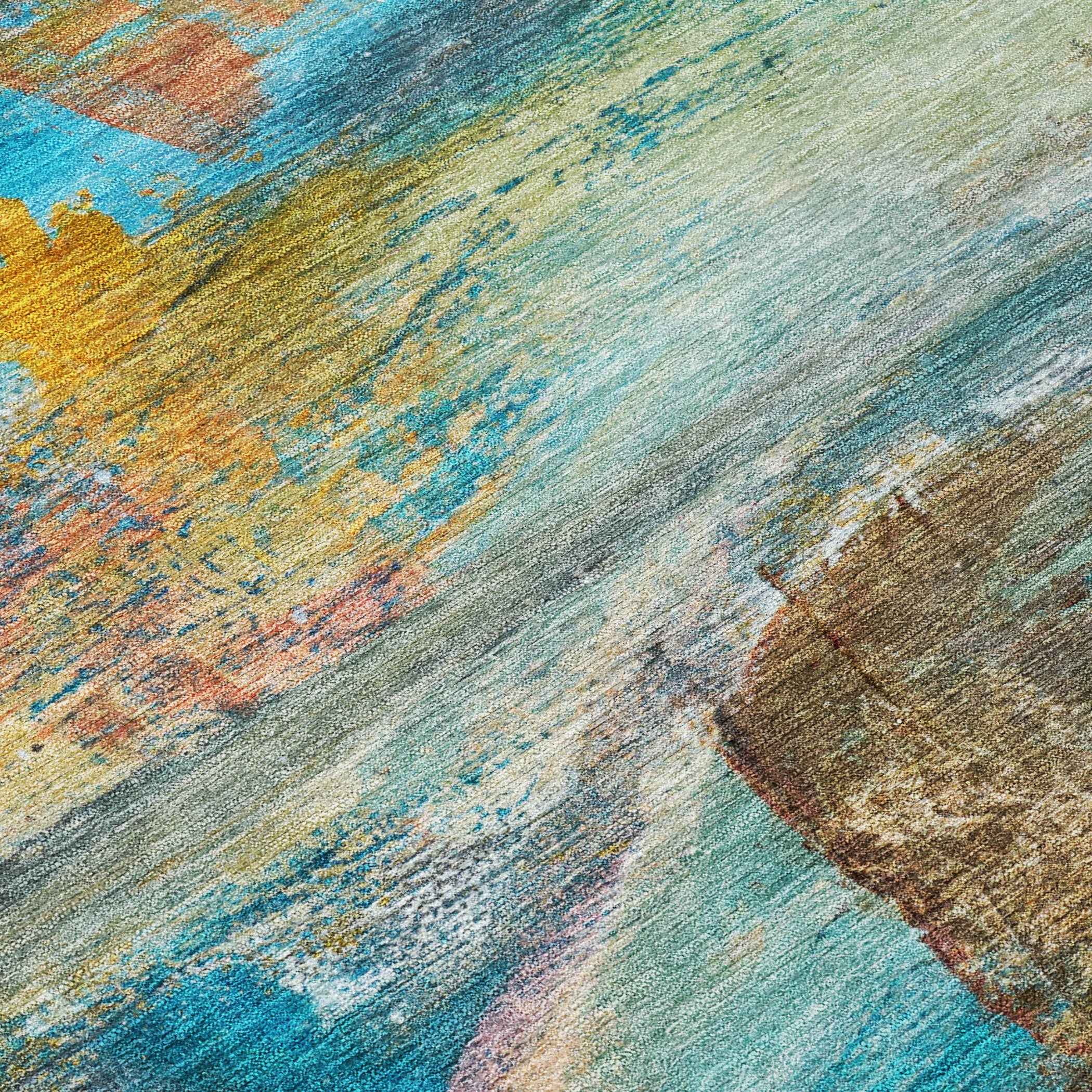 9' X 12' Teal Blue Copper And Beige Abstract Washable Indoor Outdoor Area Rug