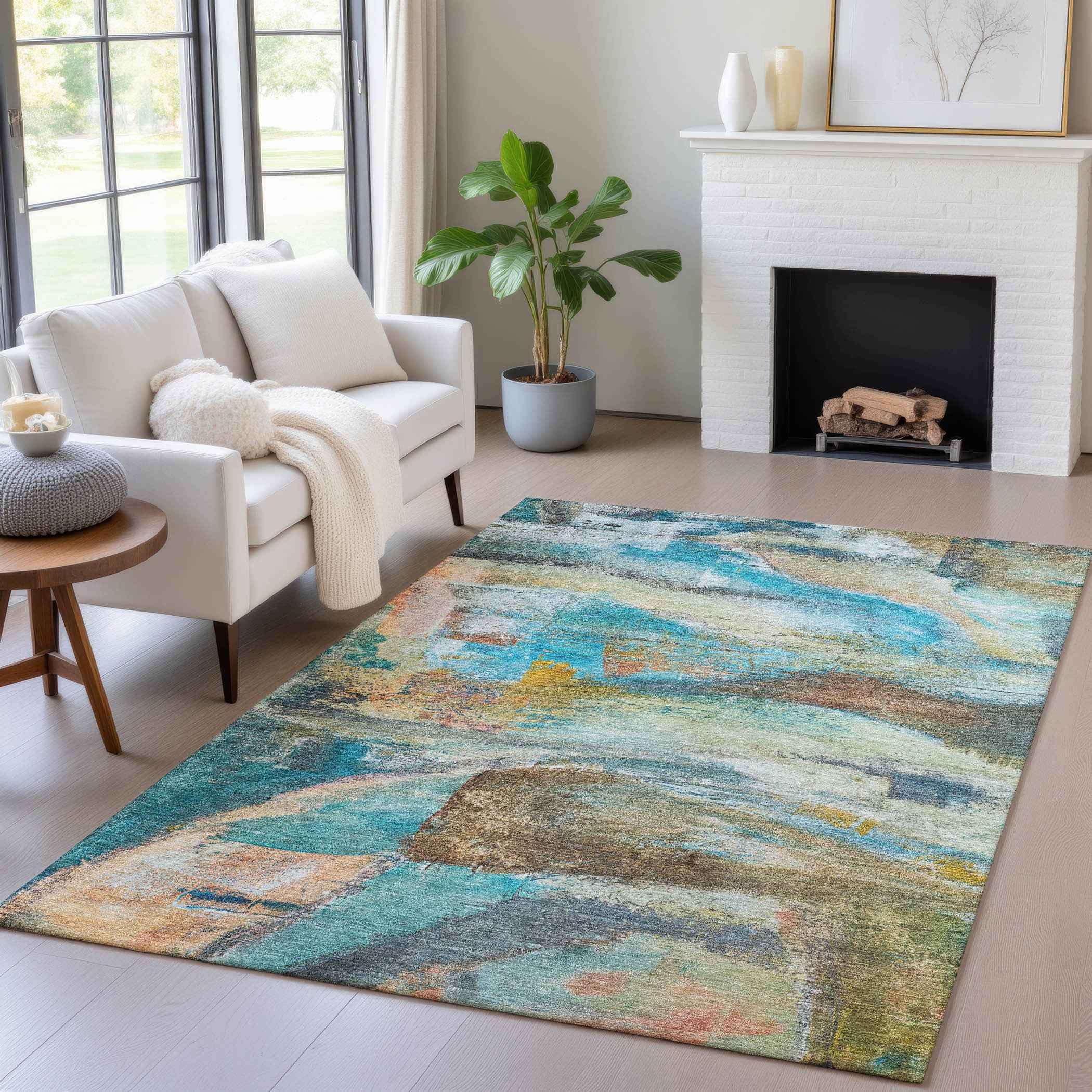 9' X 12' Teal Blue Copper And Beige Abstract Washable Indoor Outdoor Area Rug