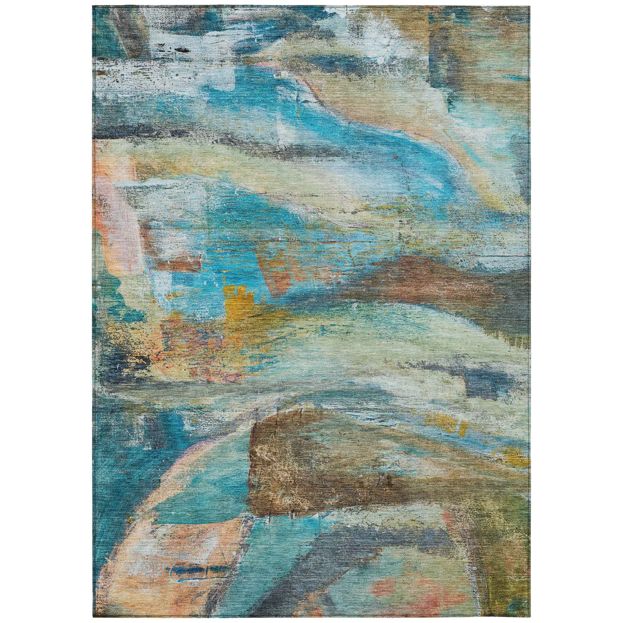 9' X 12' Teal Blue Copper And Beige Abstract Washable Indoor Outdoor Area Rug