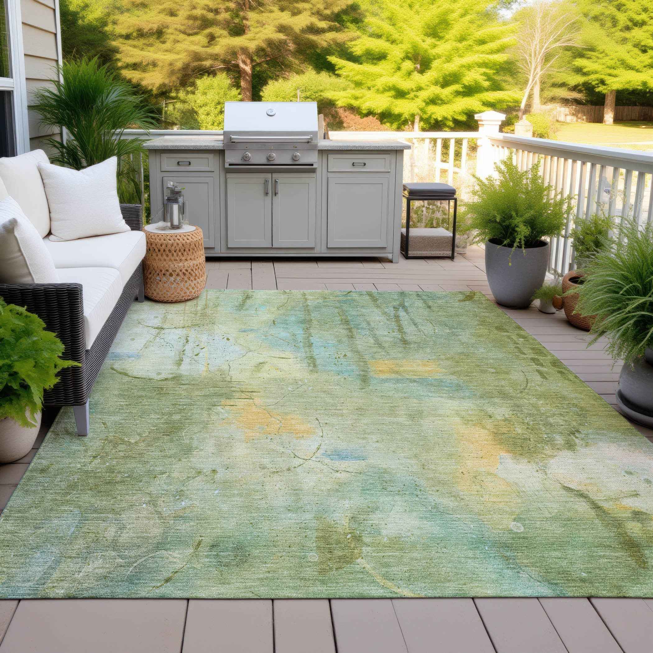 9' X 12' Sage And Gold Abstract Washable Indoor Outdoor Area Rug