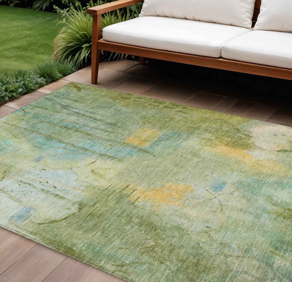 9' X 12' Sage And Gold Abstract Washable Indoor Outdoor Area Rug