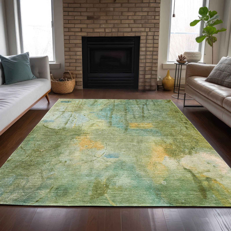 9' X 12' Sage And Gold Abstract Washable Indoor Outdoor Area Rug