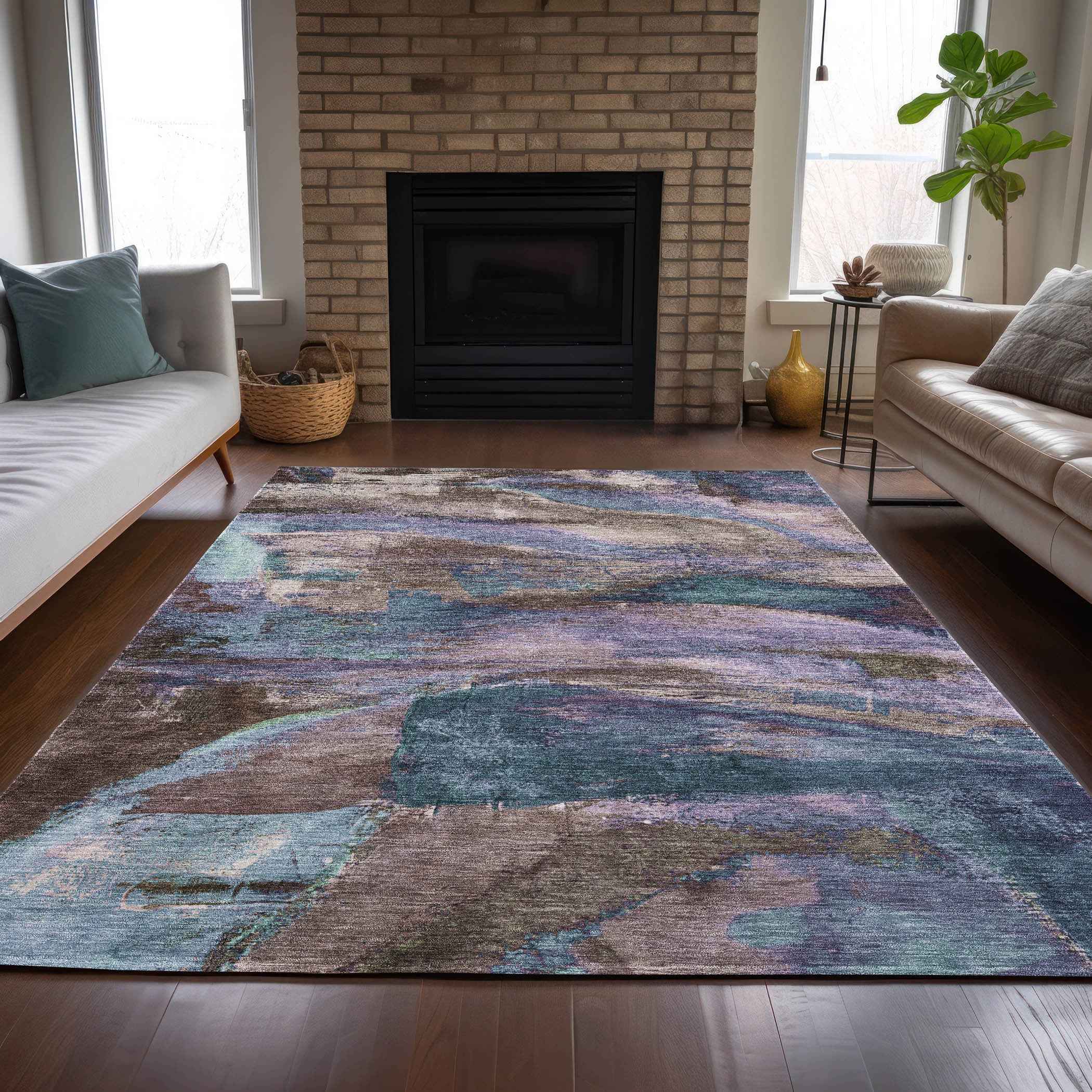 5' X 8' Brown Purple And Teal Blue Abstract Washable Indoor Outdoor Area Rug