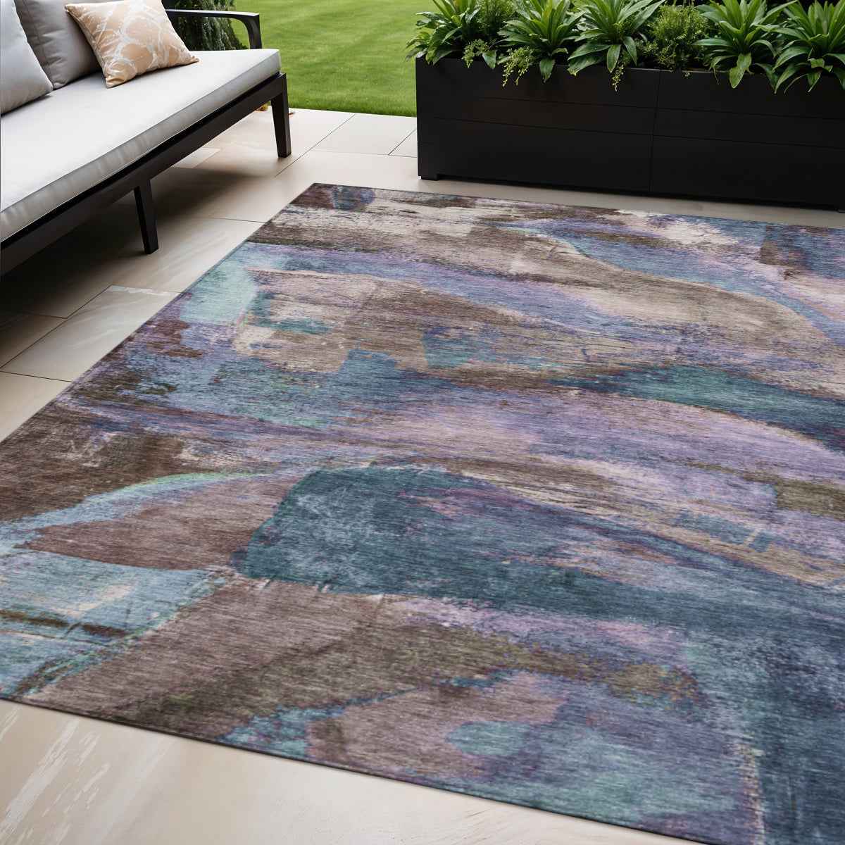 5' X 8' Brown Purple And Teal Blue Abstract Washable Indoor Outdoor Area Rug