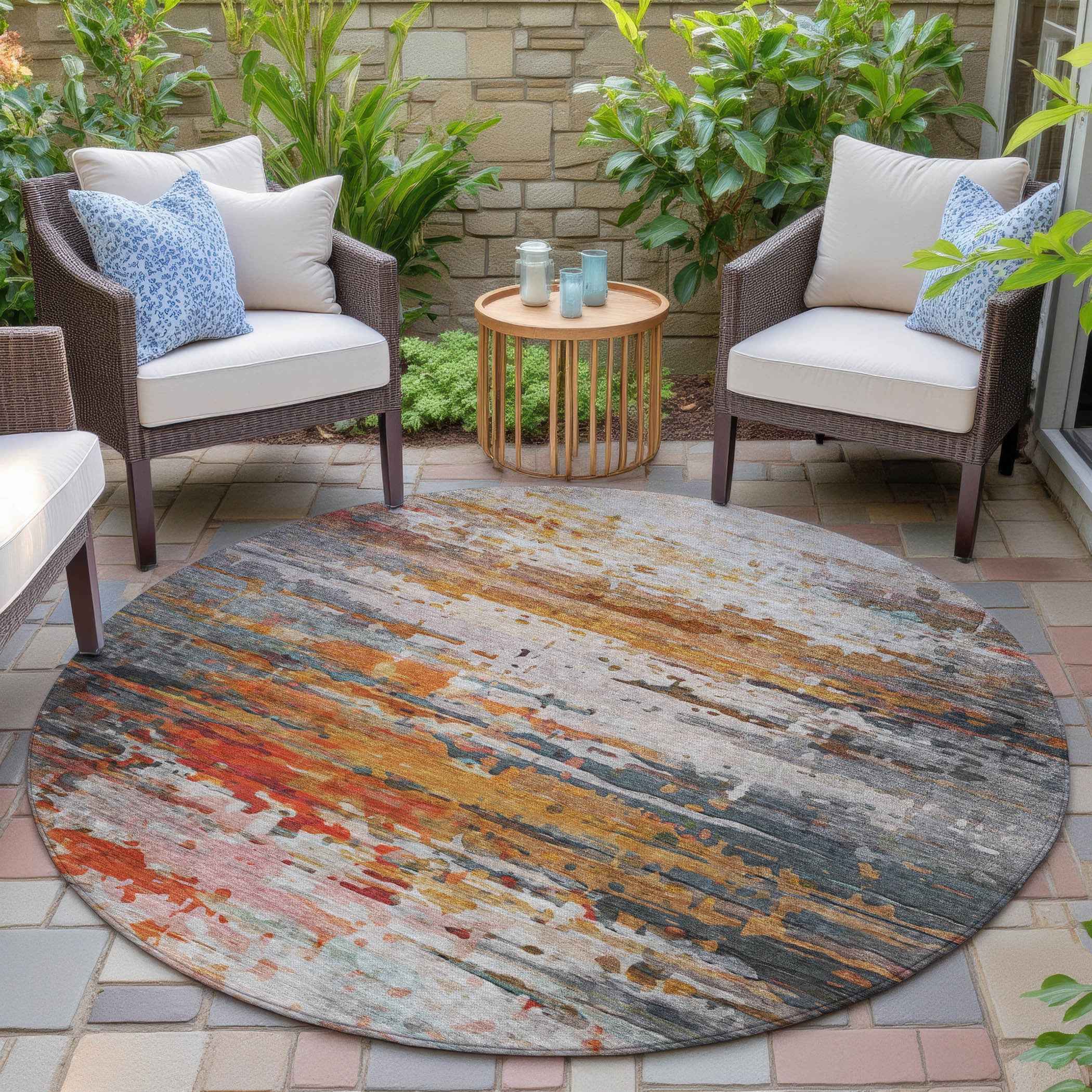 8' Terra Cotta And Beige Round Abstract Washable Indoor Outdoor Area Rug