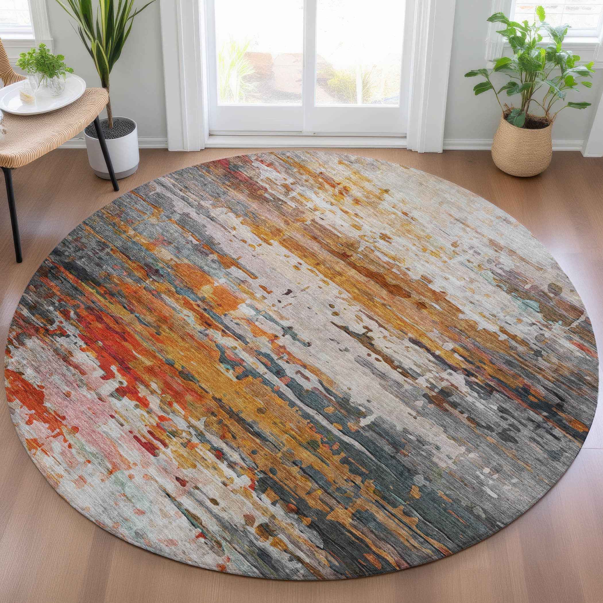 8' Terra Cotta And Beige Round Abstract Washable Indoor Outdoor Area Rug