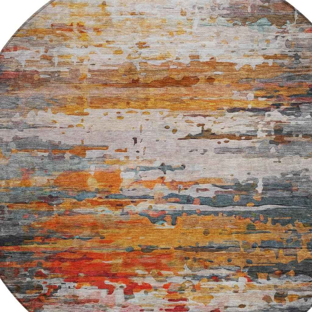 8' Terra Cotta And Beige Round Abstract Washable Indoor Outdoor Area Rug