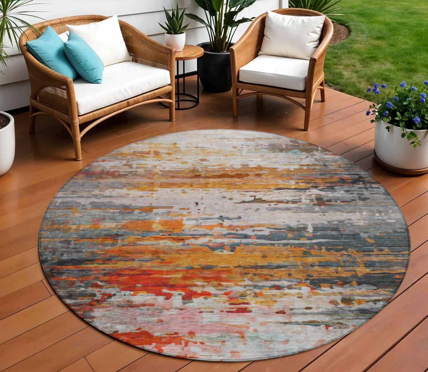 8' Terra Cotta And Beige Round Abstract Washable Indoor Outdoor Area Rug