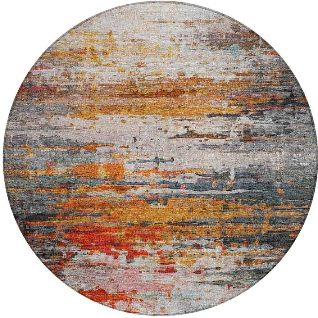 8' Terra Cotta And Beige Round Abstract Washable Indoor Outdoor Area Rug