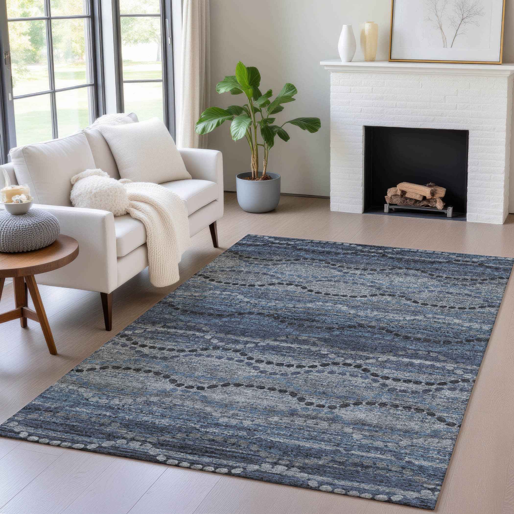 8' X 10' Navy Blue And Gray Ogee Washable Indoor Outdoor Area Rug