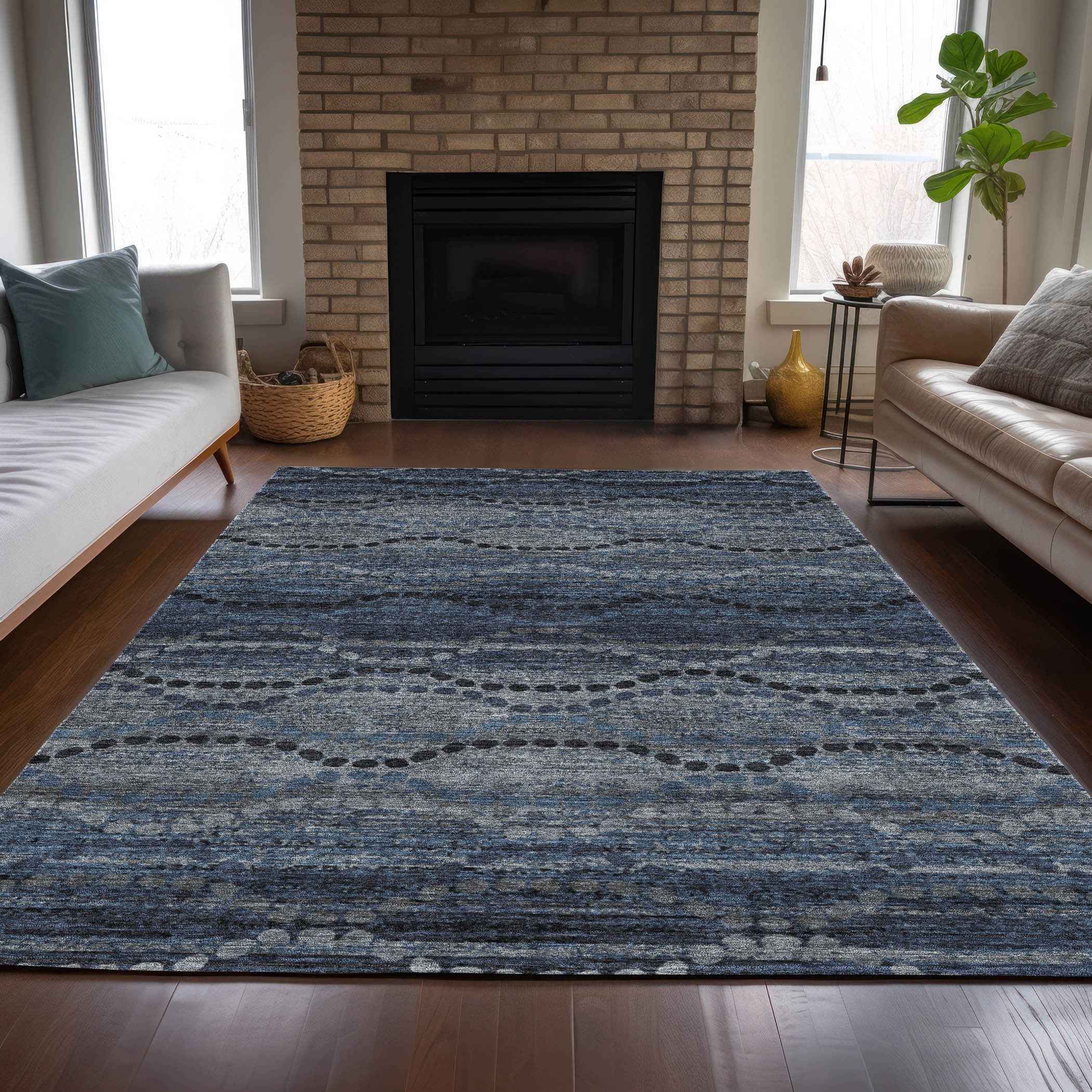 8' X 10' Navy Blue And Gray Ogee Washable Indoor Outdoor Area Rug
