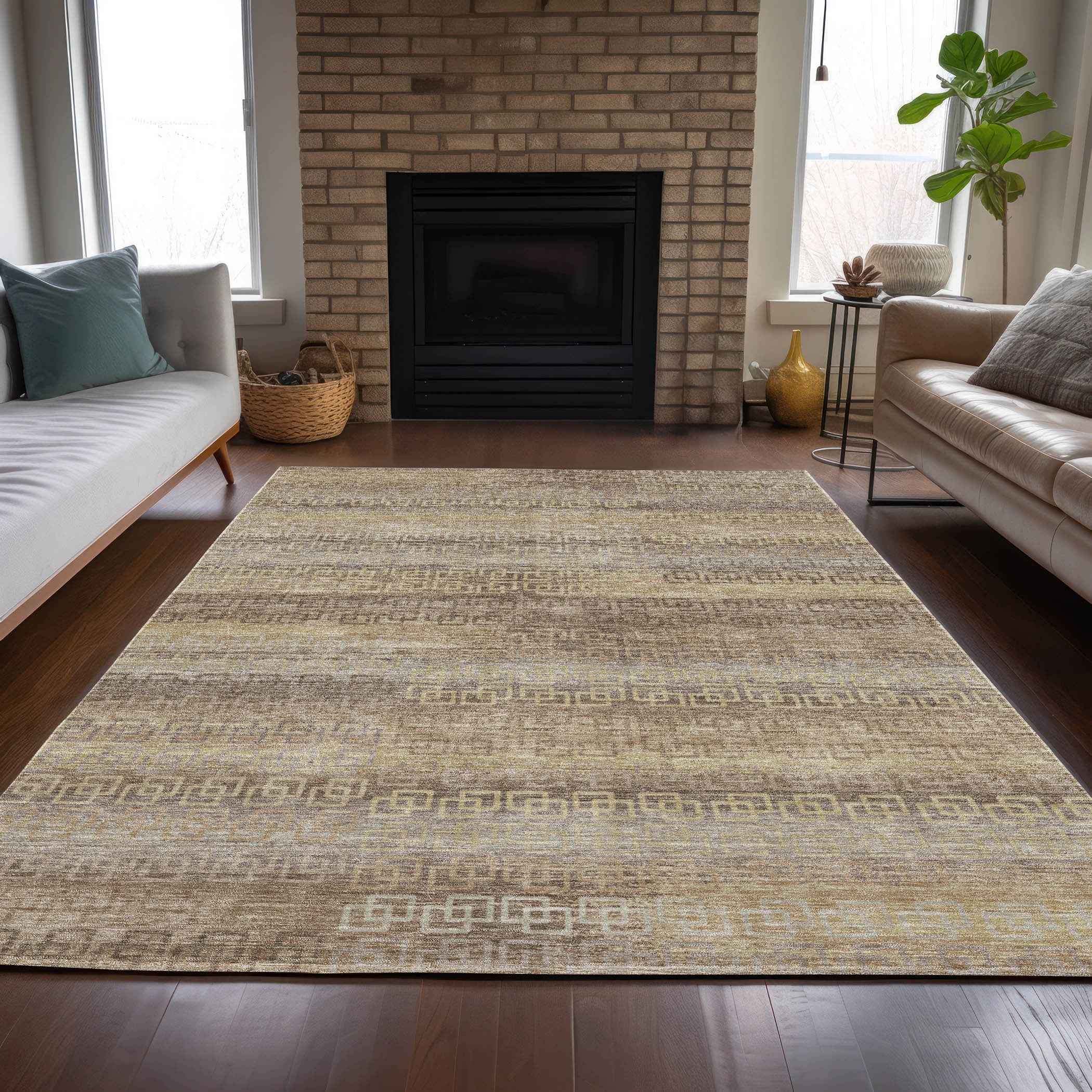 8' X 10' Beige And Wheat Striped Washable Indoor Outdoor Area Rug