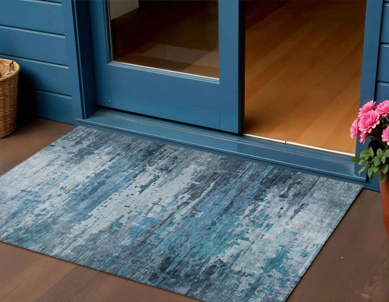 3' X 5' Blue And Ivory Abstract Washable Indoor Outdoor Area Rug