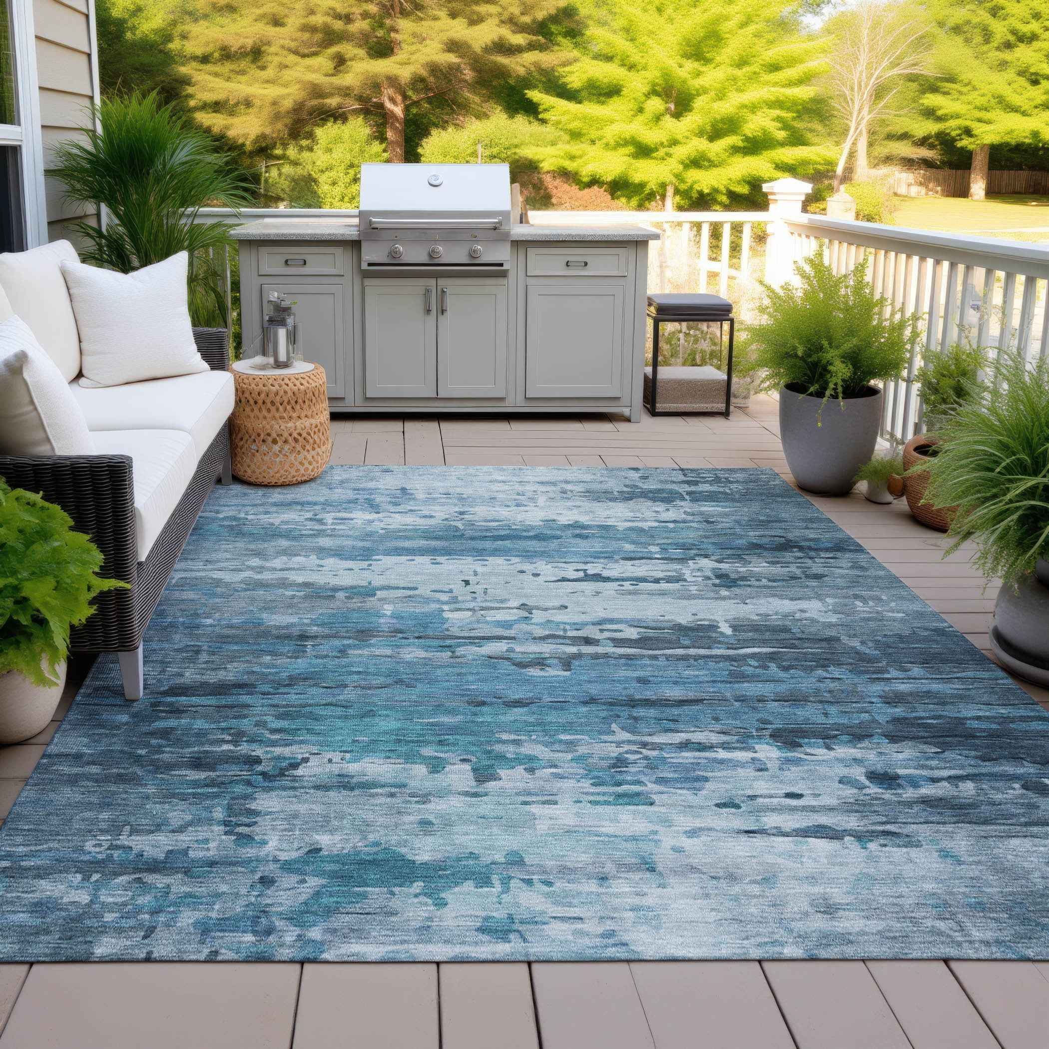 3' X 5' Blue And Ivory Abstract Washable Indoor Outdoor Area Rug