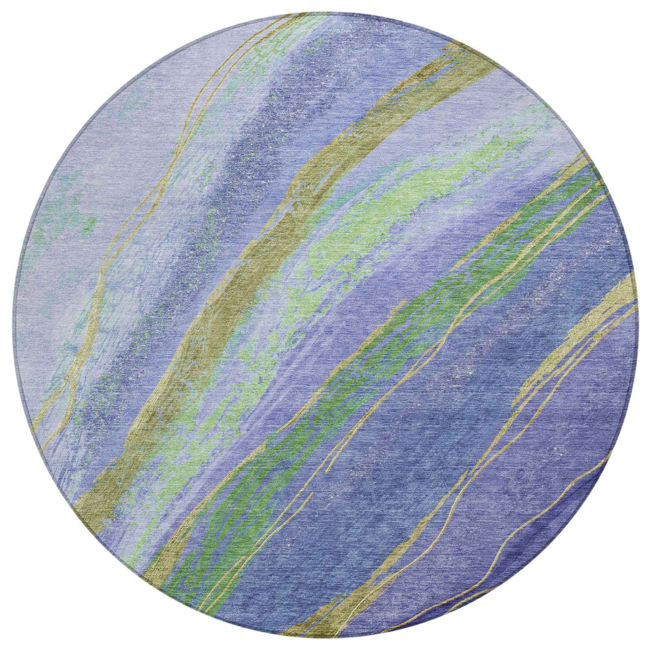 8' Purple Green And Gold Round Abstract Washable Indoor Outdoor Area Rug