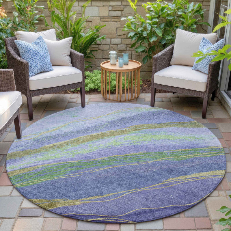 8' Purple Green And Gold Round Abstract Washable Indoor Outdoor Area Rug