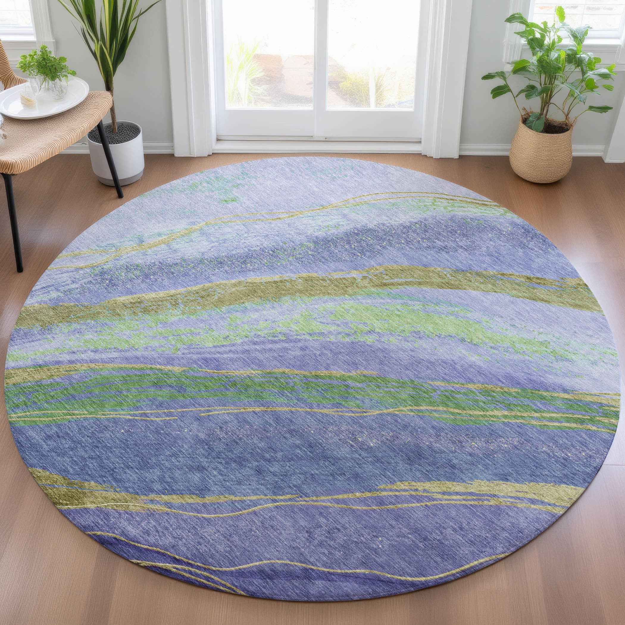 8' Purple Green And Gold Round Abstract Washable Indoor Outdoor Area Rug