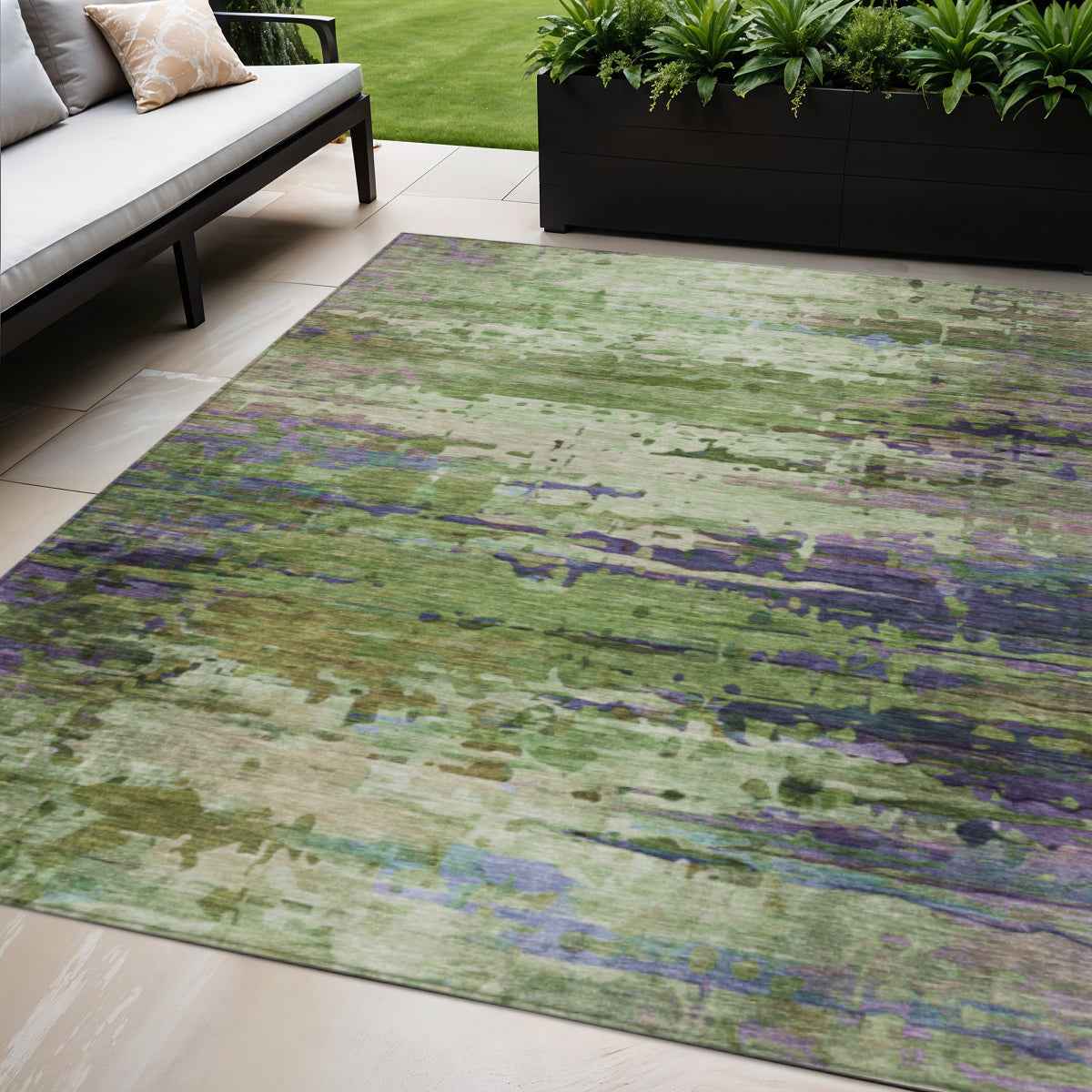 5' X 8' Green Lavender And Purple Abstract Washable Indoor Outdoor Area Rug