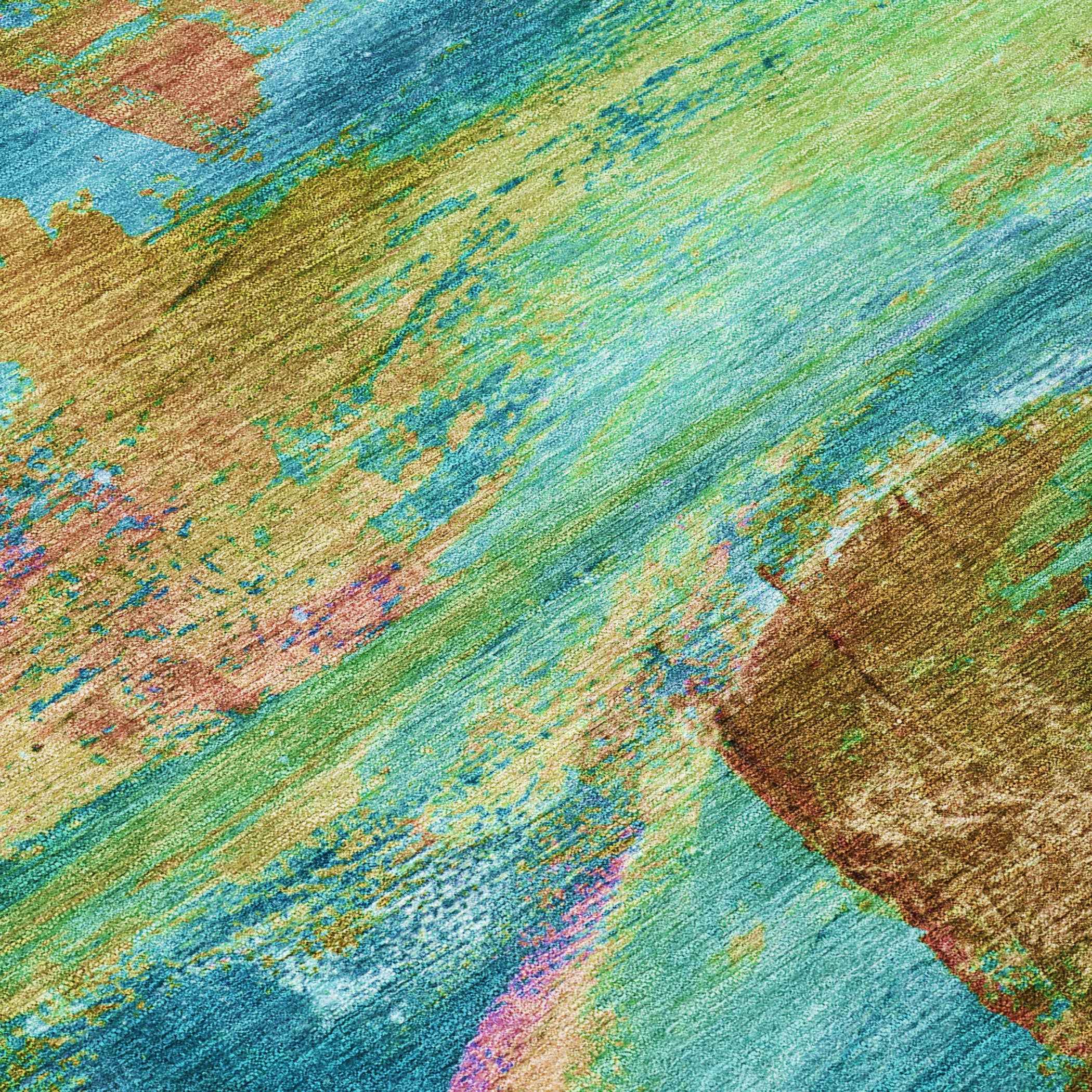 9' X 12' Teal Blue Lime Green And Blush Abstract Washable Indoor Outdoor Area Rug