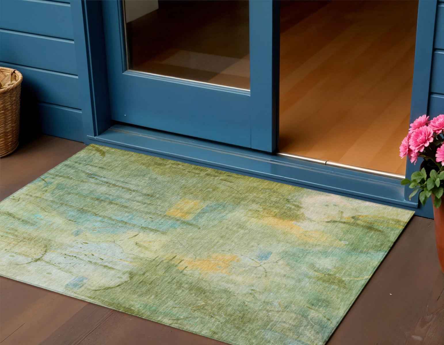 3' X 5' Sage And Gold Abstract Washable Indoor Outdoor Area Rug