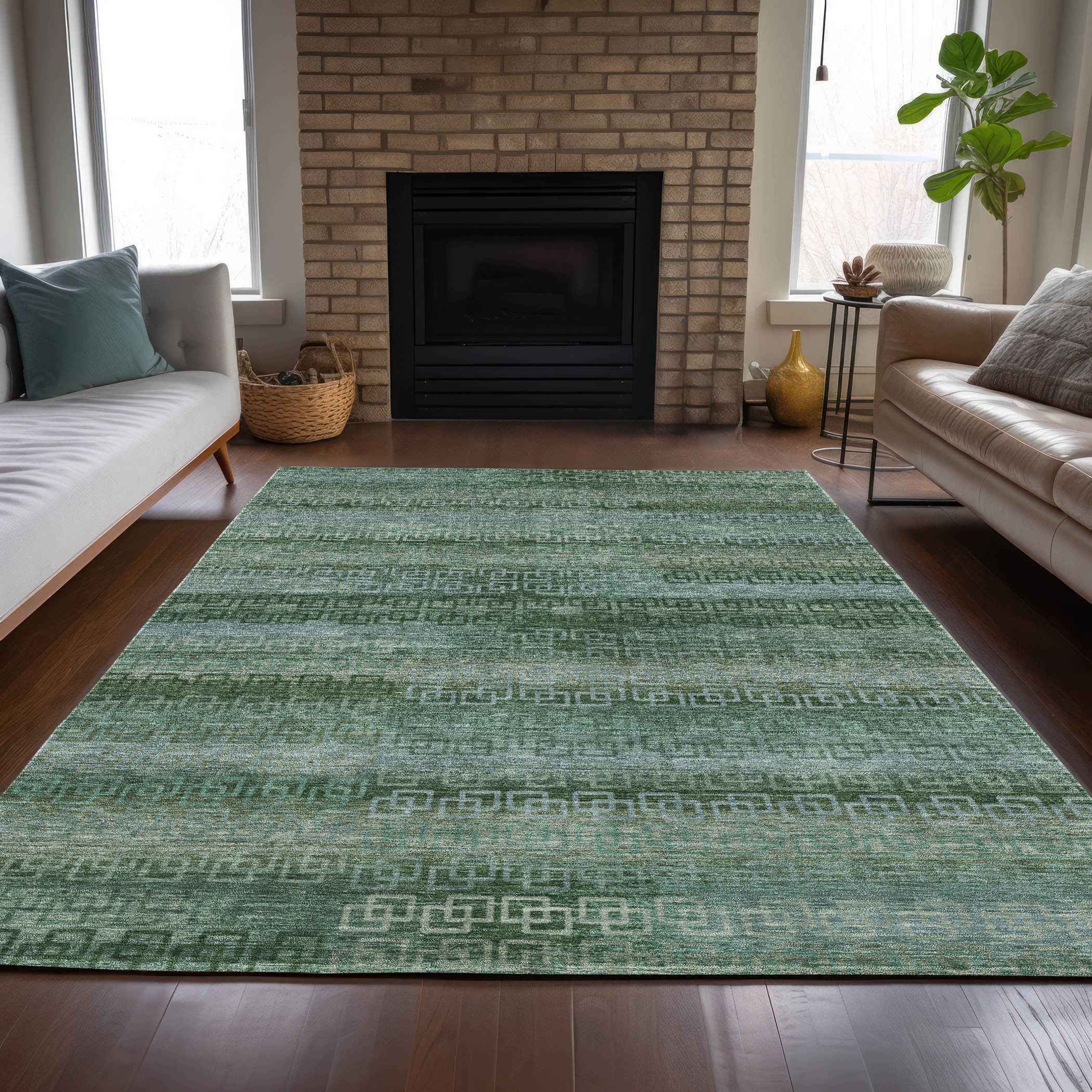 9' X 12' Artichoke Green And Sage Striped Washable Indoor Outdoor Area Rug