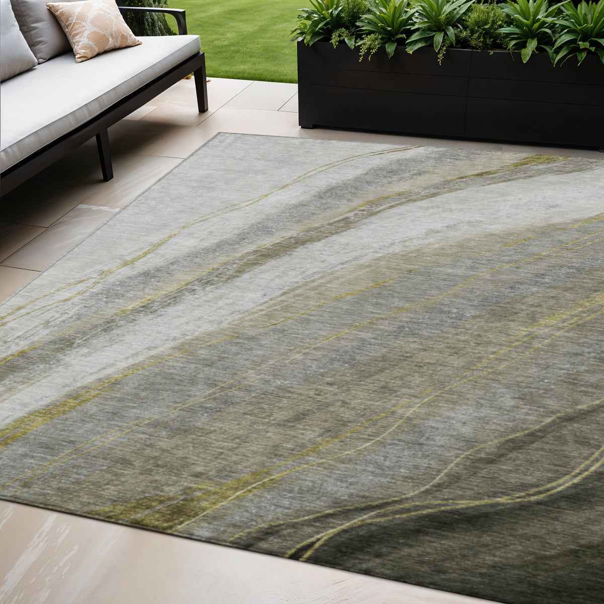5' X 8' Pewter And Gray Abstract Washable Indoor Outdoor Area Rug