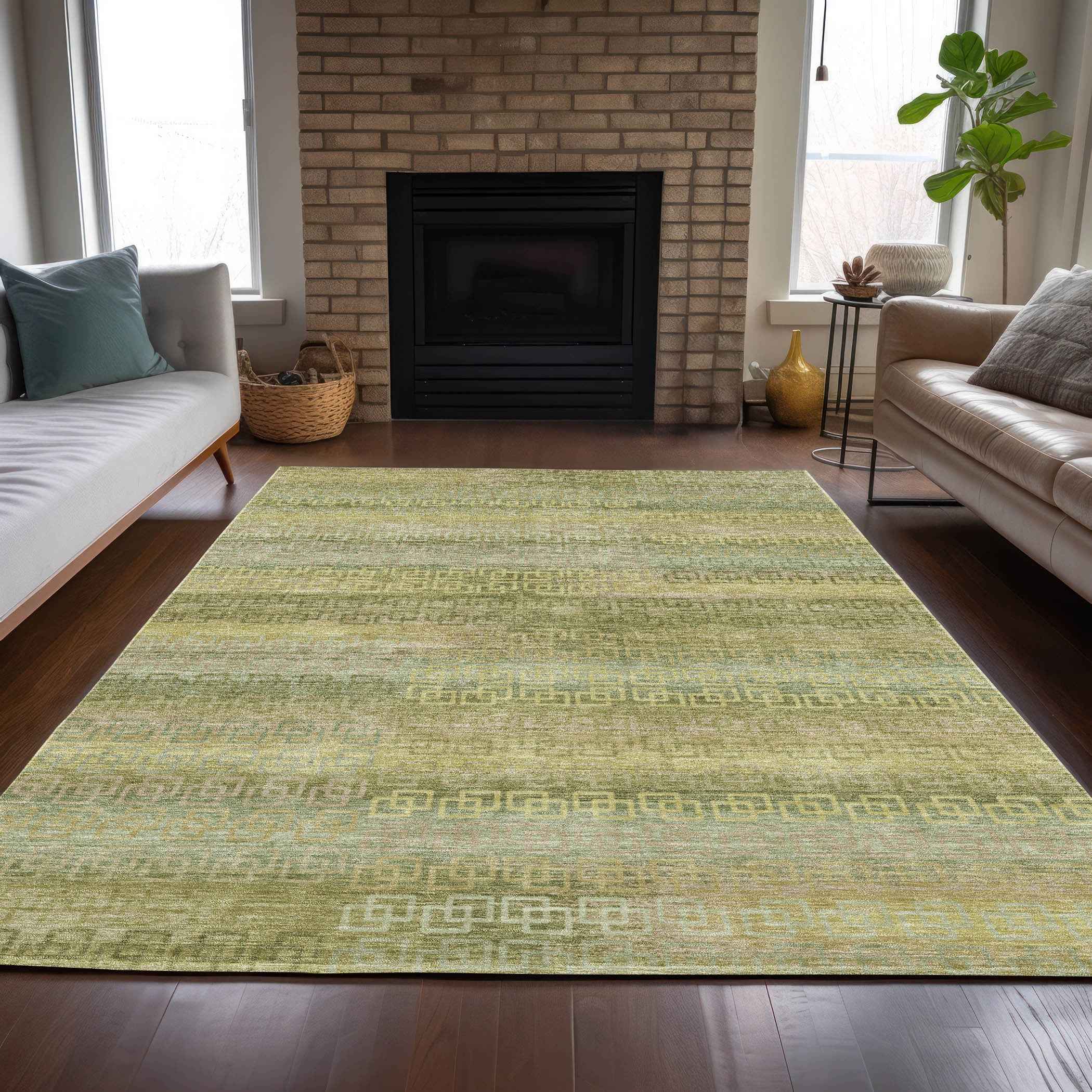 10' X 14' Sage And Gold Striped Washable Indoor Outdoor Area Rug