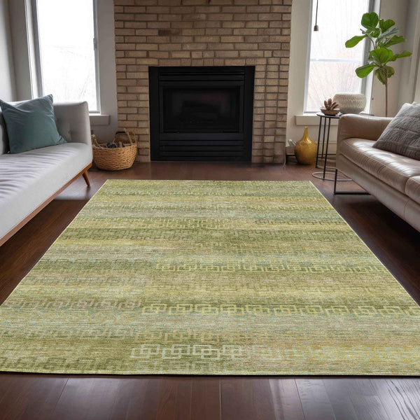 10' X 14' Sage And Gold Striped Washable Indoor Outdoor Area Rug