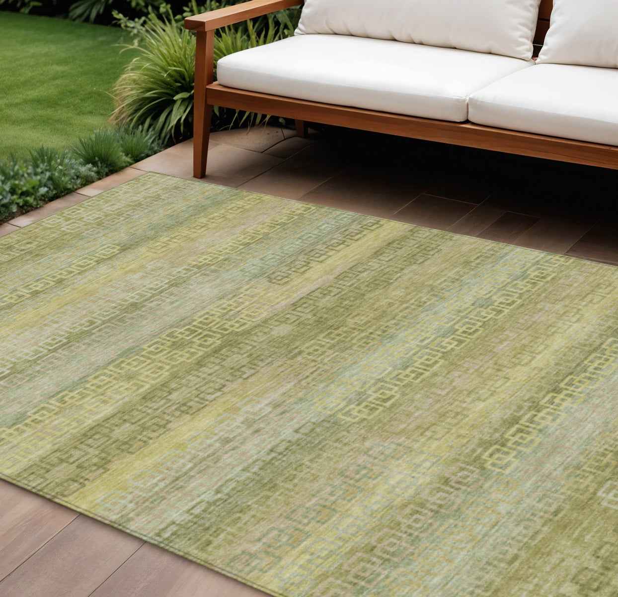 10' X 14' Sage And Gold Striped Washable Indoor Outdoor Area Rug