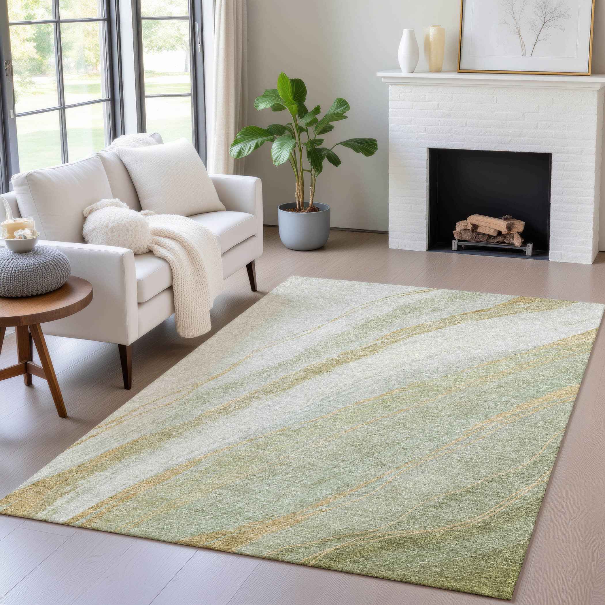 9' X 12' Sage And Copper Abstract Washable Indoor Outdoor Area Rug