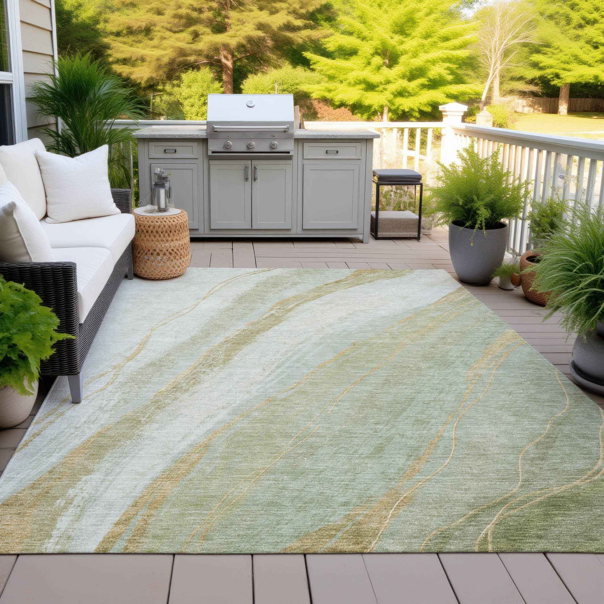 9' X 12' Sage And Copper Abstract Washable Indoor Outdoor Area Rug