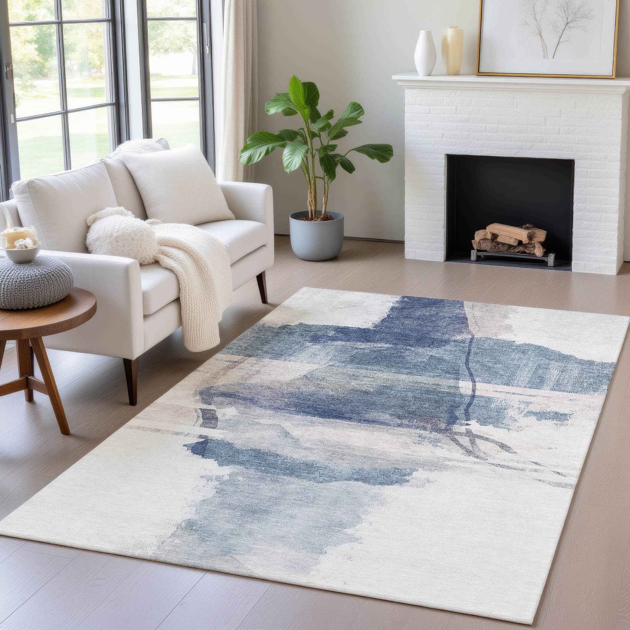 5' X 8' Blue And Ivory Abstract Washable Indoor Outdoor Area Rug